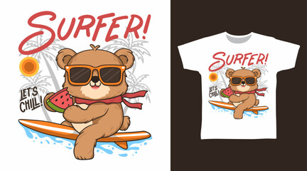 Wall Mural - Surfing Bear Vector Illustration T-shirt Designs.