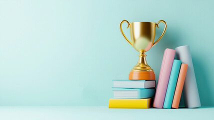 A golden trophy sits atop stack of colorful books against soft blue background, symbolizing achievement and knowledge. vibrant colors evoke sense of joy and inspiration