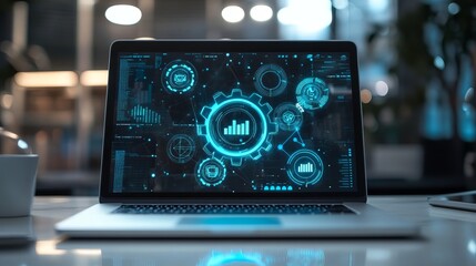 A white laptop screen shows gears, representing technology, business solutions, and settings.  The abstract design uses blue neon lights and geometric shapes like triangles, lines, and dots.