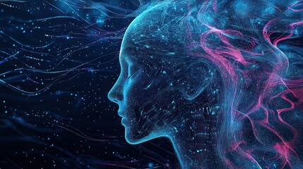 Wall Mural - Abstract portrait of a woman made of glowing lines on a dark background.