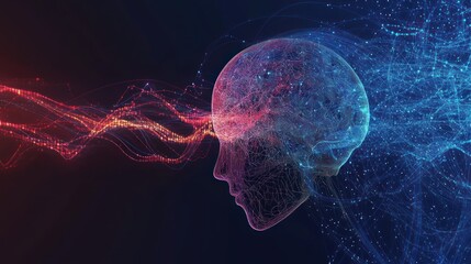 Poster - Abstract digital human head with glowing lines and particles, representing data flow and artificial intelligence.