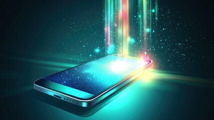 Poster - smartphone with glowing screen and abstract light beams.