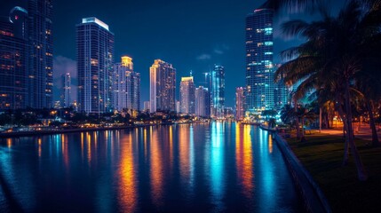 Poster - A nighttime shot of illuminated skyscrapers along a river, with the lights creating a vibrant reflection on the water and the city skyline glowing against the dark sky.