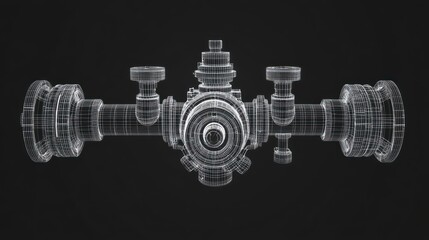 Wall Mural - 3d wireframe model of an industrial valve on a black background.