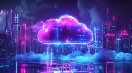 Poster - Neon glowing cloud symbol over futuristic city skyline.