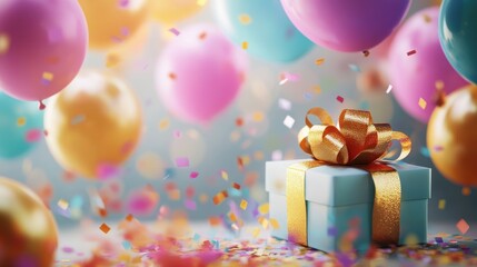 Gift box with a gold ribbon on a background of balloons and confetti.