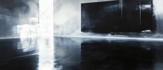 Sticker - a black and white photo of a room with a black wall and a white floor