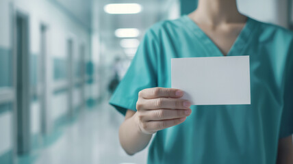 Wall Mural - Medical professional holding a blank card in a hospital corridor. Concept of medical communication, healthcare information, and professional presentation