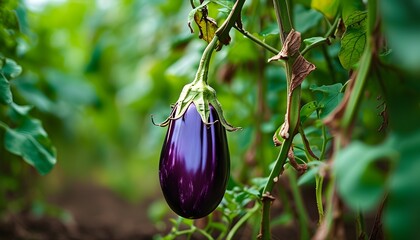 Poster - Vibrant garden scene with a ripe eggplant hanging among lush green foliage, showcasing the beauty of natures bounty