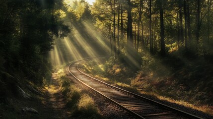 Aufkleber - A panoramic view of railway tracks winding through a dense forest, with sunlight filtering through the trees and creating a dappled light effect on the tracks.