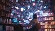 © Naruephu - A 3D render of a student studying in a high-tech library, surrounded by holographic books and data streams floating in the air, with an AI tutor assisting them