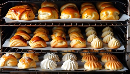 Wall Mural - Inviting display of freshly baked pastries with various tempting toppings in a warm oven setting