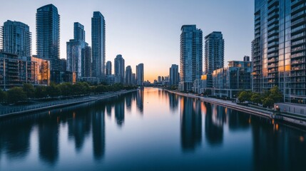 Aufkleber - A panoramic view of sleek high-rise buildings lining a river, with reflections on the water and a clear sky, capturing the modern cityscape and tranquil waterway.