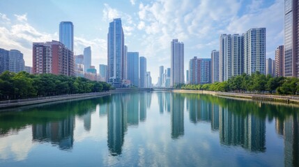 Aufkleber - A panoramic view of sleek high-rise buildings lining a river, with reflections on the water and a clear sky, capturing the modern cityscape and tranquil waterway.