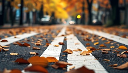 Autumn road with white pedestrian crossing lines and a blurred backdrop of colorful foliage