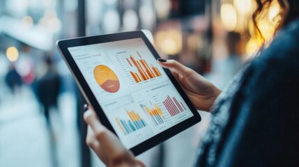 Poster - A person holding a tablet and reviewing a presentation with different opinions and graphs, illustrating the analysis and evaluation of diverse viewpoints.
