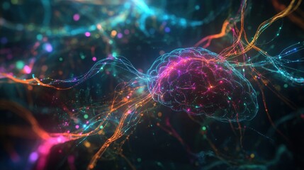 Wall Mural - Abstract brain with colorful glowing lines and particles.