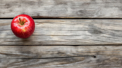 Wall Mural - Red apple on rustic wooden background, single isolated fruit, fresh, healthy eating, natural simplicity concept