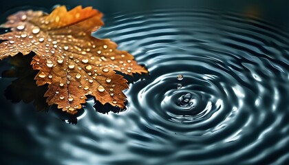 Serene autumn leaf with water droplets resting on gentle rippling water, embodying a tranquil moment in nature