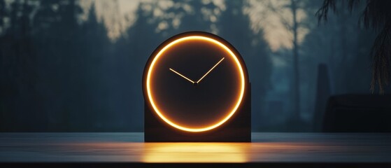 A clock with a yellow face sits on a table in a forest