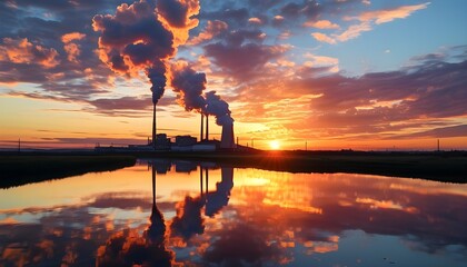 Wall Mural - Industrial sunset reflecting smoke and serenity over calm waters