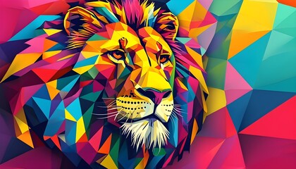 Wall Mural - Vibrant Geometric Lion Head: A Bold Fusion of Modern Art and Striking Colors in Abstract Design