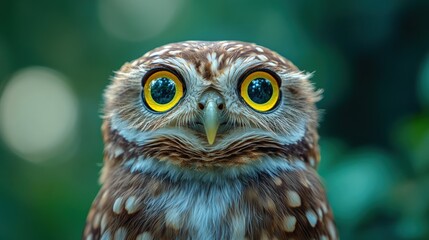 Wall Mural - Close-up portrait of a small owl with large yellow eyes looking directly at the camera.