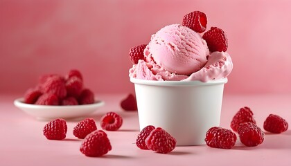 Wall Mural - Tempting pink raspberry soft serve ice cream topped with fresh raspberries in a white cup on a vibrant pink backdrop