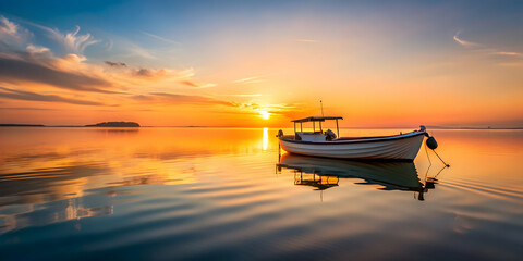 Wall Mural - Boat peacefully floating on the water at sunset , serenity, tranquil, ocean, water, dusk, evening, calm, beautiful