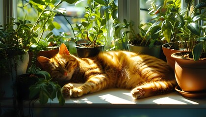 Wall Mural - Lazy orange cat basking in dappled sunlight among vibrant potted plants on a cozy windowsill retreat