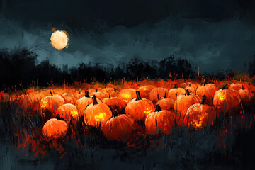 Sticker - Gloomy pumpkin farm in moonlight