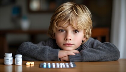 Wall Mural - Young boy with blond hair and brown eyes in gray sweater, seated at table with medicine and pills, gazing at the camera.