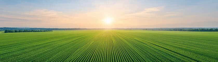 Wall Mural - a large field of green grass with a sun in the sky