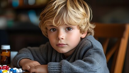 Wall Mural - Young boy with blond hair and brown eyes in gray sweater, seated at table with medicine and pills, gazing at the camera.