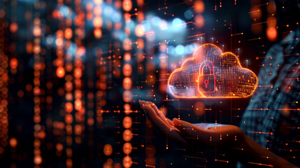 person holding glowing holographic cloud with padlock symbolizes digital security and data protectio