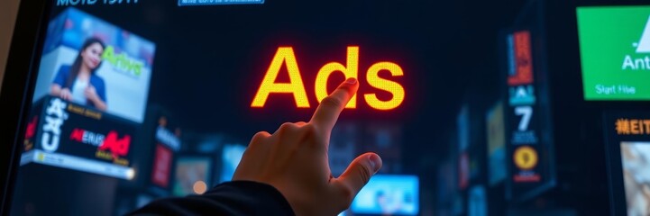 Businessman's hand touching the word ADS on the virtual screen. 3d rendering, a Businessman's hand touching an ad concept on a touch screen with his fingers.