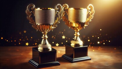 Two ornate gold trophies on black plinths against a dark, sparkly background..Concept: Success, achievement, victory, competition.