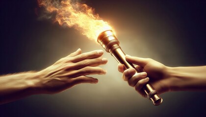 Two hands passing a flaming torch in a dark setting..Concept: Hope, inspiration, passing on knowledge, continuation of a legacy.