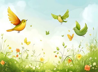 Wall Mural - Springtime Birds and Butterflies in a Meadow