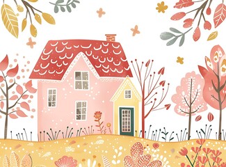 Sticker - Cute Cartoon House in a Garden Illustration