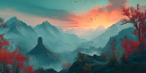 Poster - Scenic View of Mountain Range With Pagoda and Sunset