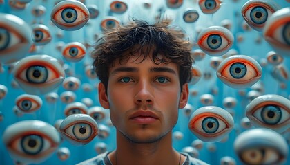 Wall Mural - Surreal scene of a young man enveloped by floating eyes in a blue-toned atmosphere, embodying themes of observation and self-awareness