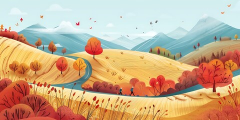 Autumn Landscape With Two People Walking On A Path