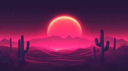 Wall Mural - a desert landscape with a large pink sun in the sky