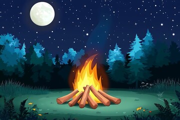 Wall Mural - Night Campfire in Forest with Full Moon