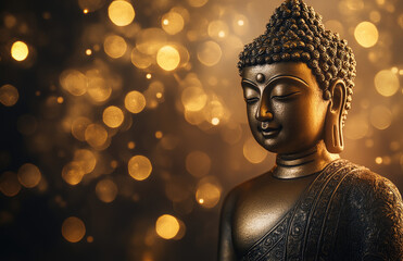 Wall Mural - A golden Buddha statue with rays of light shining behind it, against an orange background with bokeh lights