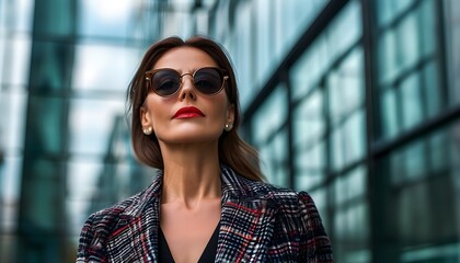 Sophisticated urban chic: confident woman in stylish sunglasses and plaid coat beside modern glass architecture