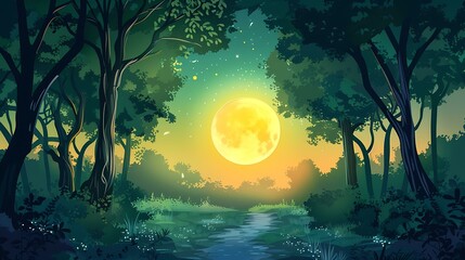 Wall Mural - Full Moon Night Forest Landscape