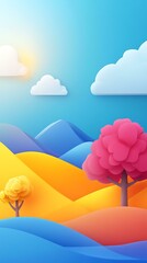 Sticker - Abstract Paper Cut Out Style Landscape Illustration With Mountains, Hills, Trees And Clouds