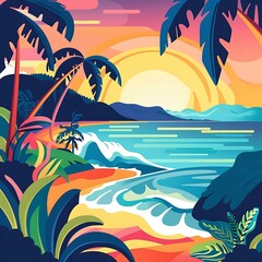 Poster - Tropical Sunset Landscape Illustration